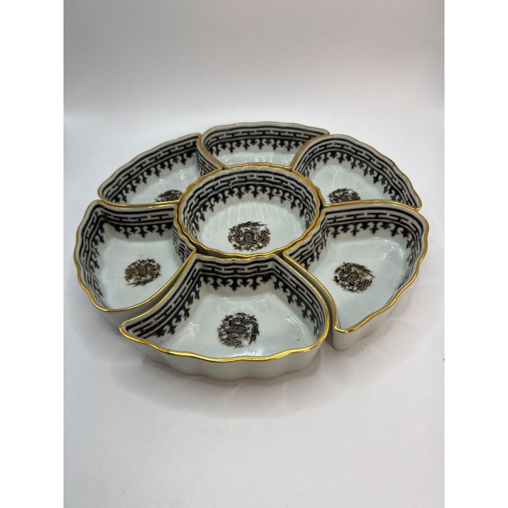 Vtg Porcelain Japanese Satsuma 7 Sectional Divided Dishes, Dragon, Hand painted